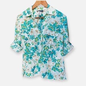 Karen Scott Light-Weight 3/4 Adjustable Sleeve Button Down Blouse Floral Print